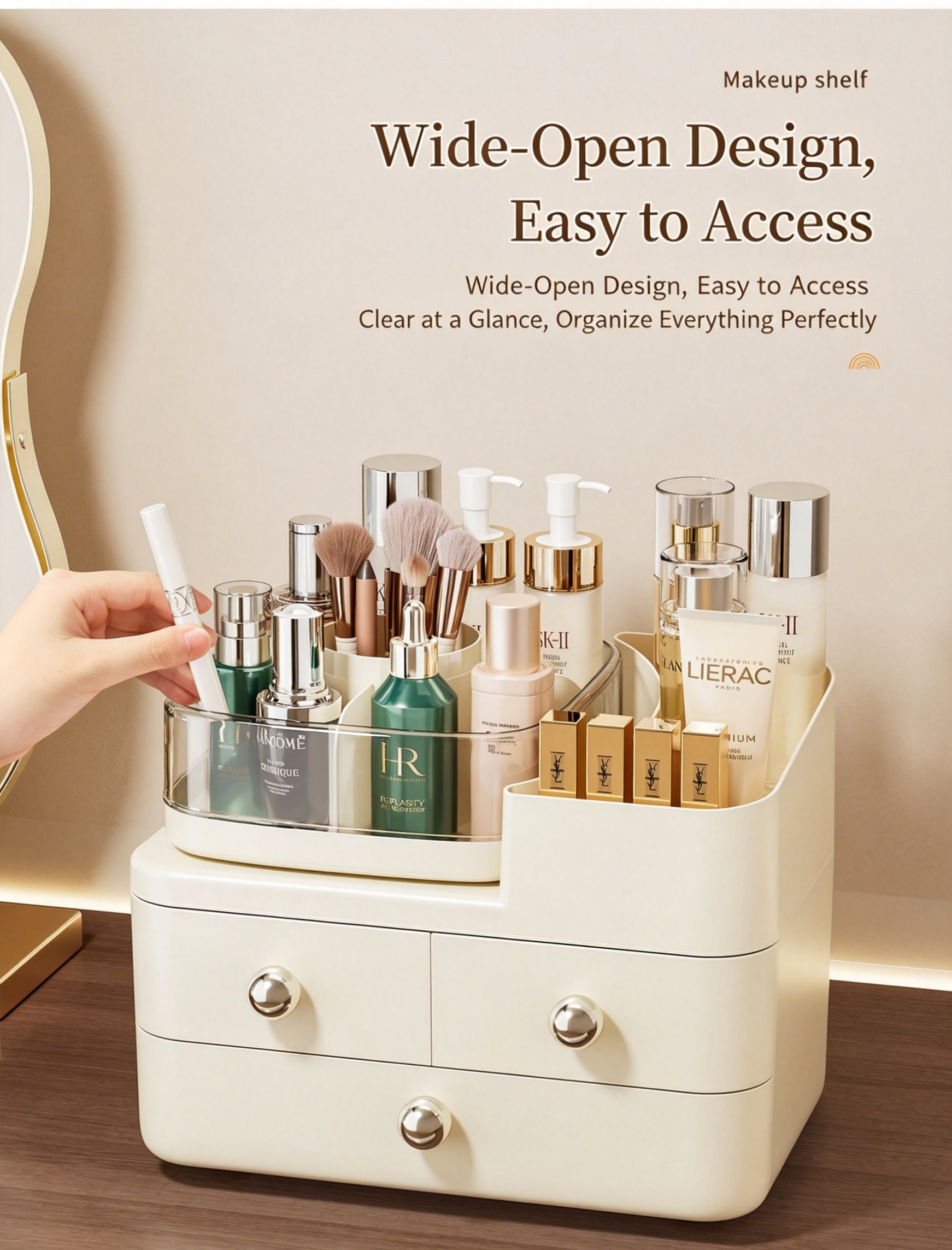 Premium Dustproof Desktop Makeup Organizer with Large Capacity & Jewelry Drawers