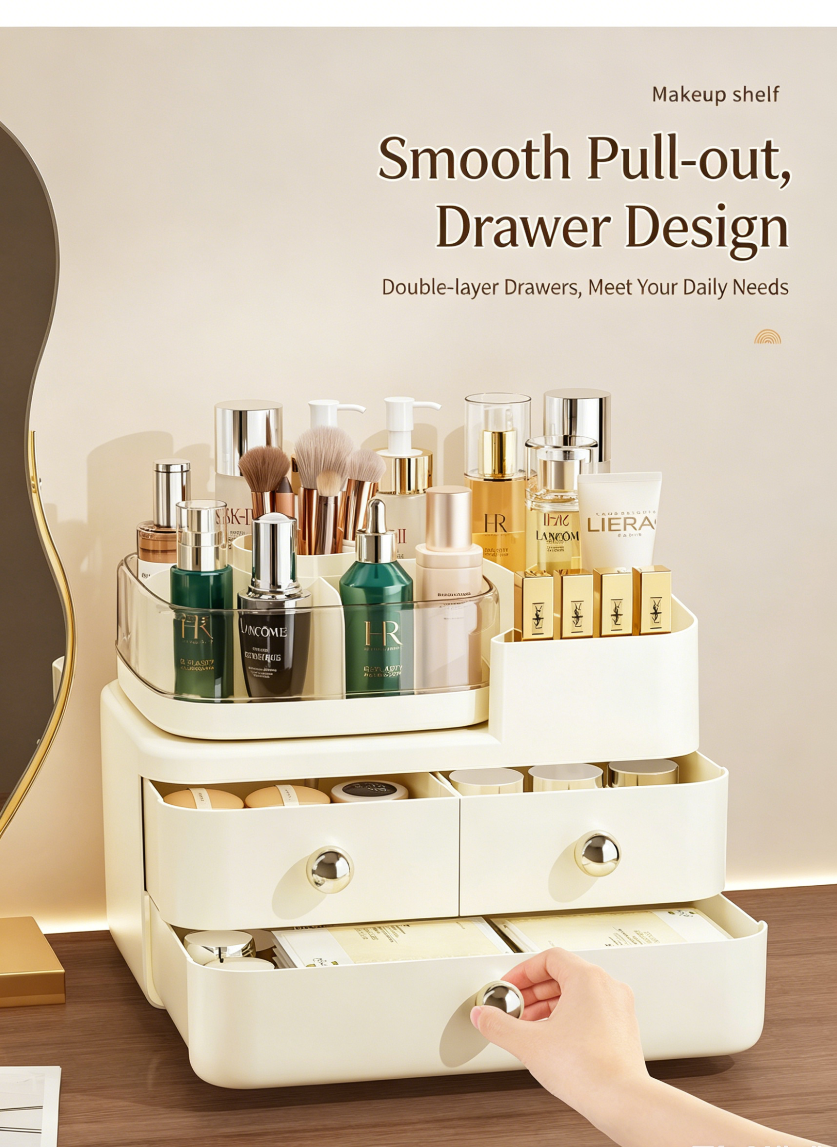 Premium Dustproof Desktop Makeup Organizer with Large Capacity & Jewelry Drawers